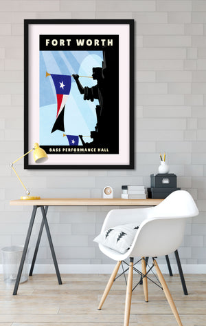 Giclée art print of Angels blowing trumpets on the front of The Bass Performance Hall in Fort Worth, Texas. This Travel Poster is part of the Texas Cities Series.