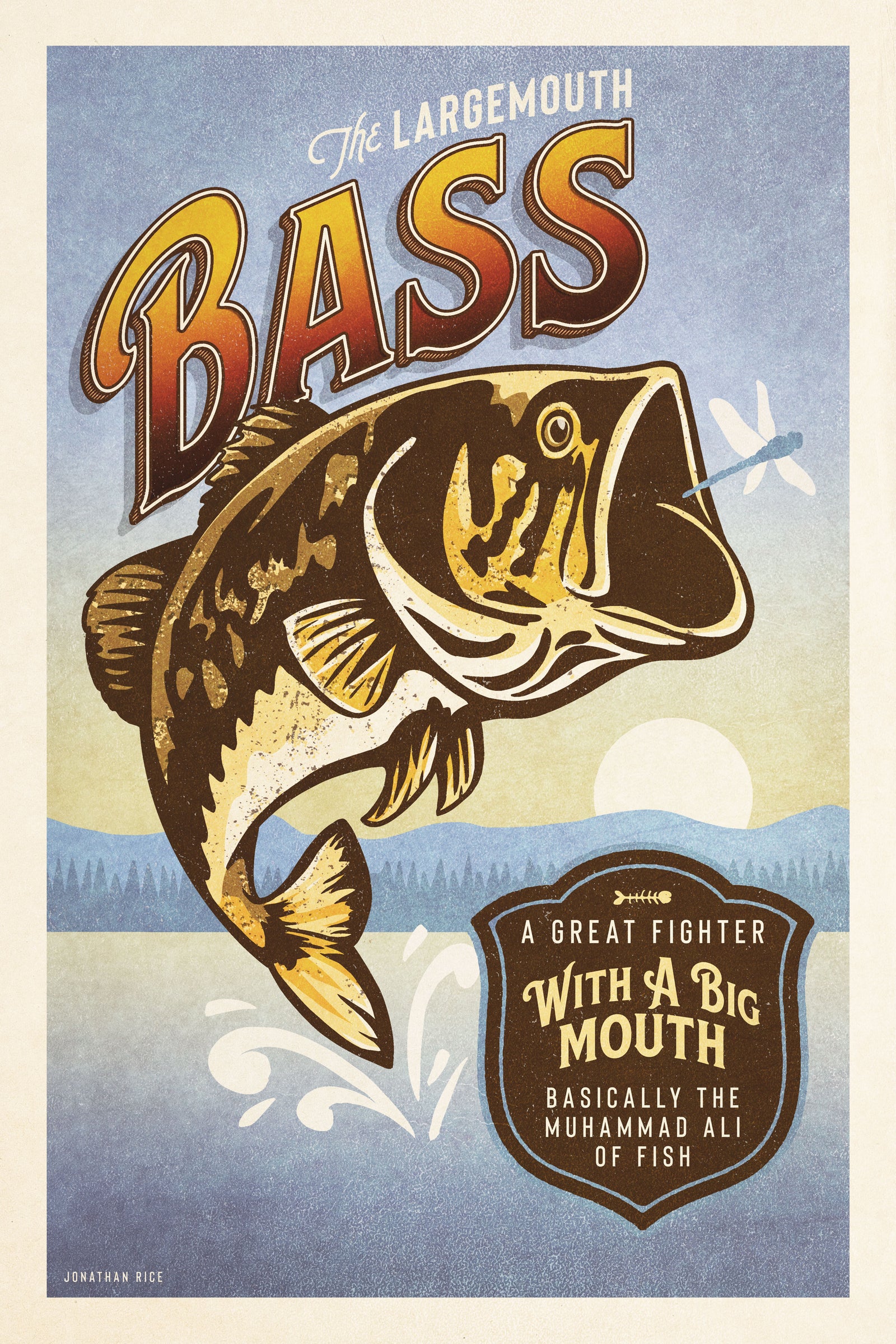 Vintage style humorous Largemouth Bass art print wtih ornate typography inspired by old travel, national parks and wildlife posters.