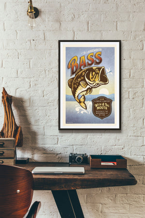 Vintage style humorous Largemouth Bass art print wtih ornate typography inspired by old travel, national parks and wildlife posters.