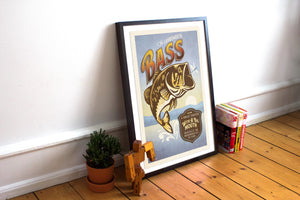 Vintage style humorous Largemouth Bass art print wtih ornate typography inspired by old travel, national parks and wildlife posters.