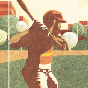 Detail of Retro styled giclée art print of an American Baseball Player at home plate about to swing. The baseball player is shown about to swing at the fastball that has been thrown inside a local ballpark. It’s warm color palette, gritty texture and vintage typography will make a great impression in any room.