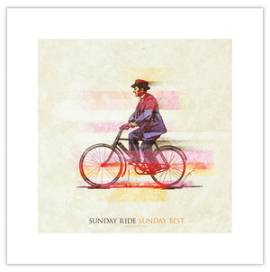 A retro styled art print of a man out for a Sunday ride on his bicycle in his Sunday best suit and hat. Bold graphic lines are complemented by colorful streaks giving the piece a sense of movement. The print has the words “Sunday Ride Sunday Best” on it.