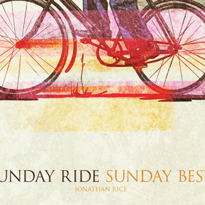 Detail of A retro styled art print of a man out for a Sunday ride on his bicycle in his Sunday best suit and hat. Bold graphic lines are complemented by colorful streaks giving the piece a sense of movement. The print has the words “Sunday Ride Sunday Best” on it.