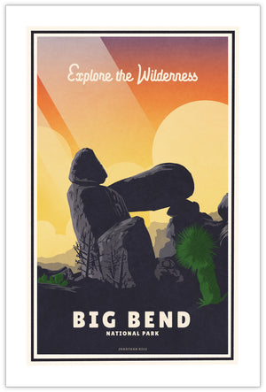 A retro style giclée art print of Balance Rock at Big Bend National Park in Texas. It has the words “Explore the Wilderness” at the top. The print primarily is in bold navy blue with bright sunset colors. There are additional words a the bottom that says “Big Bend National Park”.