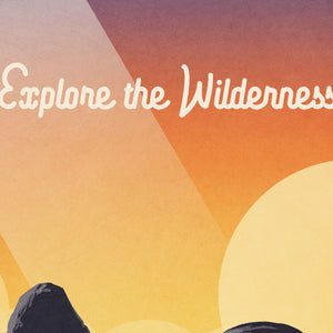Detail of A retro style giclée art print of Balance Rock at Big Bend National Park in Texas. It has the words “Explore the Wilderness” at the top. The print primarily is in bold navy blue with bright sunset colors. There are additional words a the bottom that says “Big Bend National Park”.
