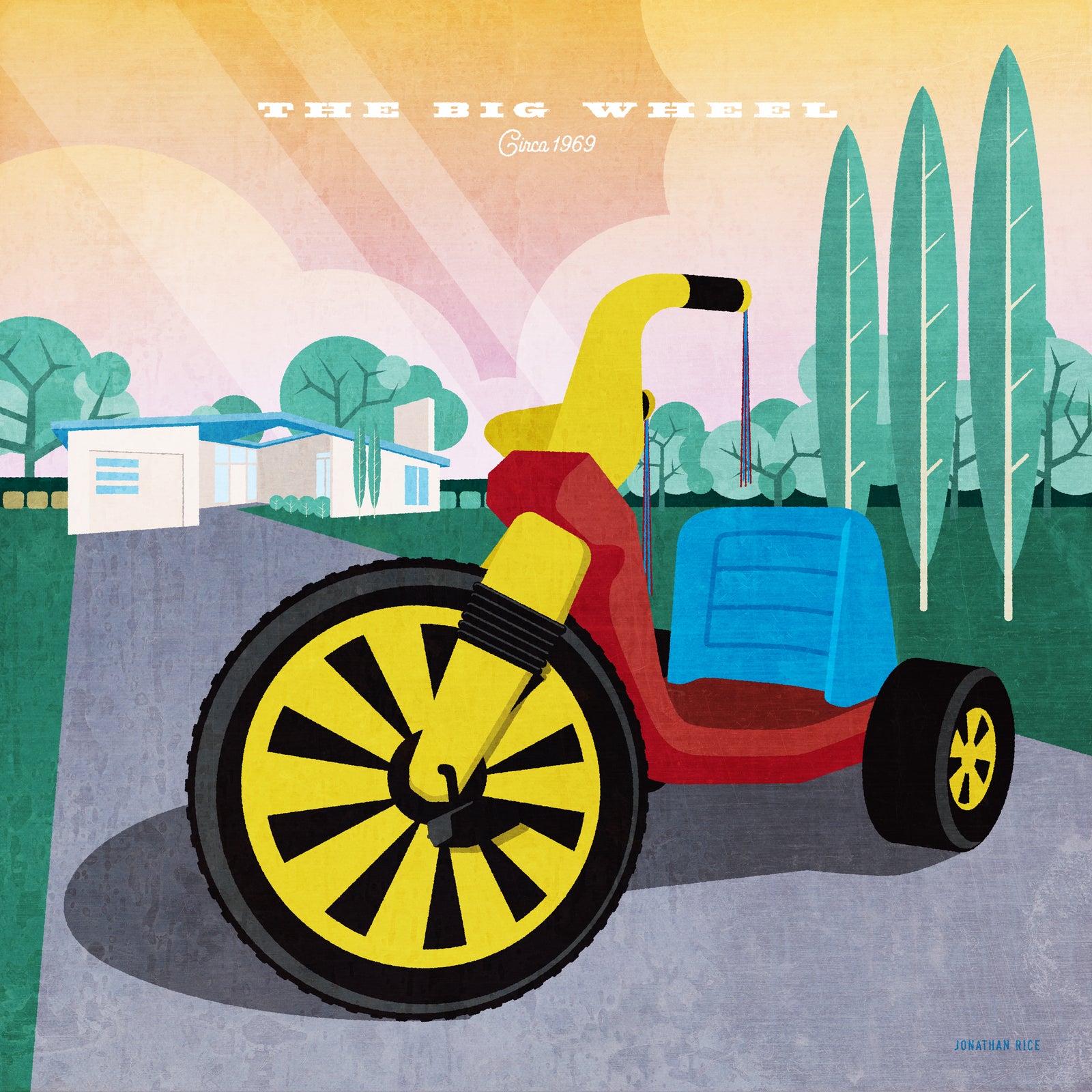 Retro Styled art print of The Big Wheel, a classic toy in a beautiful mid-century modern neighborhood.