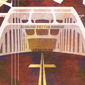 Detail of Stunning portrait of Martin Luther King with Edmund Pettus Bridge and the word “BELIEVE”. The poster shows MLK praying over the bridge with the road stripes forming a cross and with clouds and sun rays in the background.
