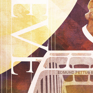 Detail of Stunning portrait of Martin Luther King with Edmund Pettus Bridge and the word “BELIEVE”. The poster shows MLK praying over the bridge with the road stripes forming a cross and with clouds and sun rays in the background.