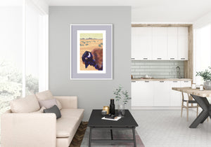 Modern style giclée art print of an American Bison on the plains. It has rich colors and gritty texture with a herd of bison and mountains in the background.