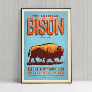 Vintage style humorous American Bison art print with ornate typography inspired by old travel, national parks and wildlife posters.