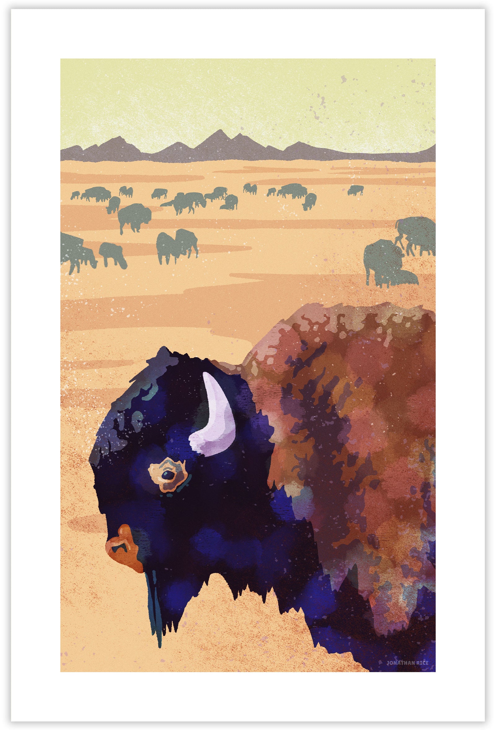 Modern style giclée art print of an American Bison on the plains. It has rich colors and gritty texture with a herd of bison and mountains in the background.