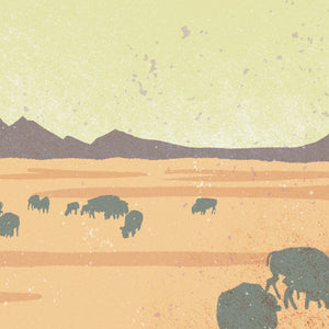 Detail of Modern style giclée art print of an American Bison on the plains. It has rich colors and gritty texture with a herd of bison and mountains in the background.