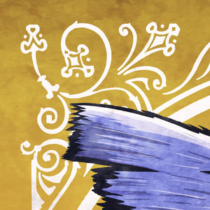 Detail of Bold graphic giclée art print of a Blue Jay. Print is a portrait of a Blue Jay next to a beautiful graphic ornament on a golden yellow background with the words “Blue Jay” below.
