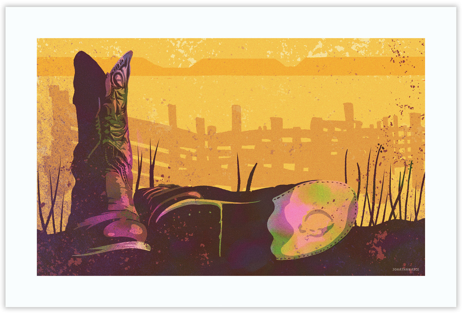 Modern style giclée art print of old cowboy boots in front of a stockade. It is richly colored with gritty texture overall.