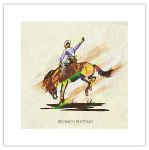 Retro styled art print of Bronco Busting. The prints depicts a cowboy riding a bronco. The bold graphic lines are complemented by colorful streaks giving the piece a sense of movement. The print has the words “Bronco Busting” on it.