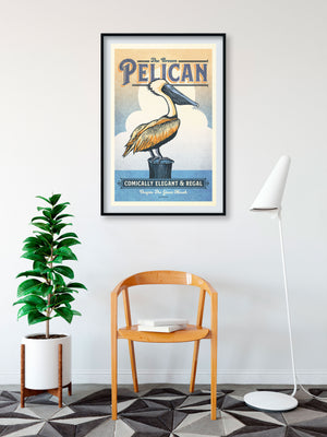 Vintage style humorous Brown Pelican art print standing on a pier with clouds in background.  The poster has ornate typography inspired by old travel, national parks and wildlife posters.