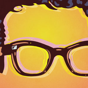 Detail of Bold graphic giclée art print of the iconic glasses and hair of Buddy Holly with the words “The Music Lives on at the Buddy Holly Center”. Print has a orange to yellow background with shades of blue.