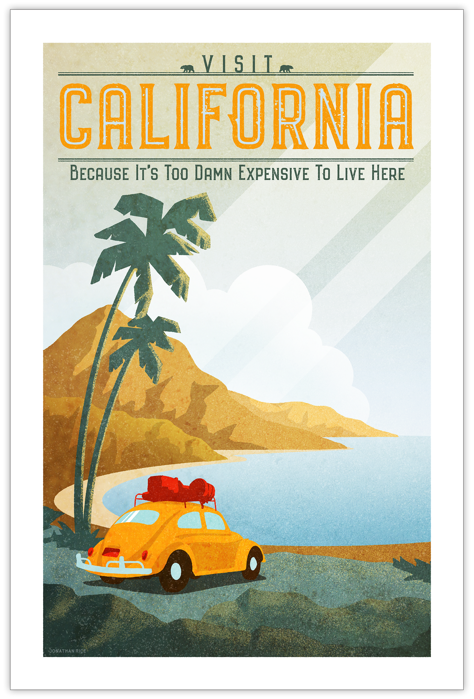 Classic style travel poster of a California beach with VW beetle, palm trees and mountains.