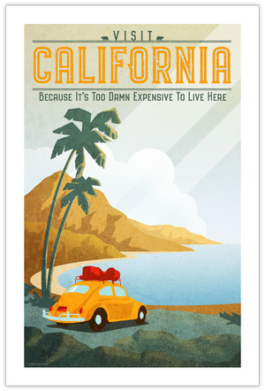 Classic style travel poster of a California beach with VW beetle, palm trees and mountains.