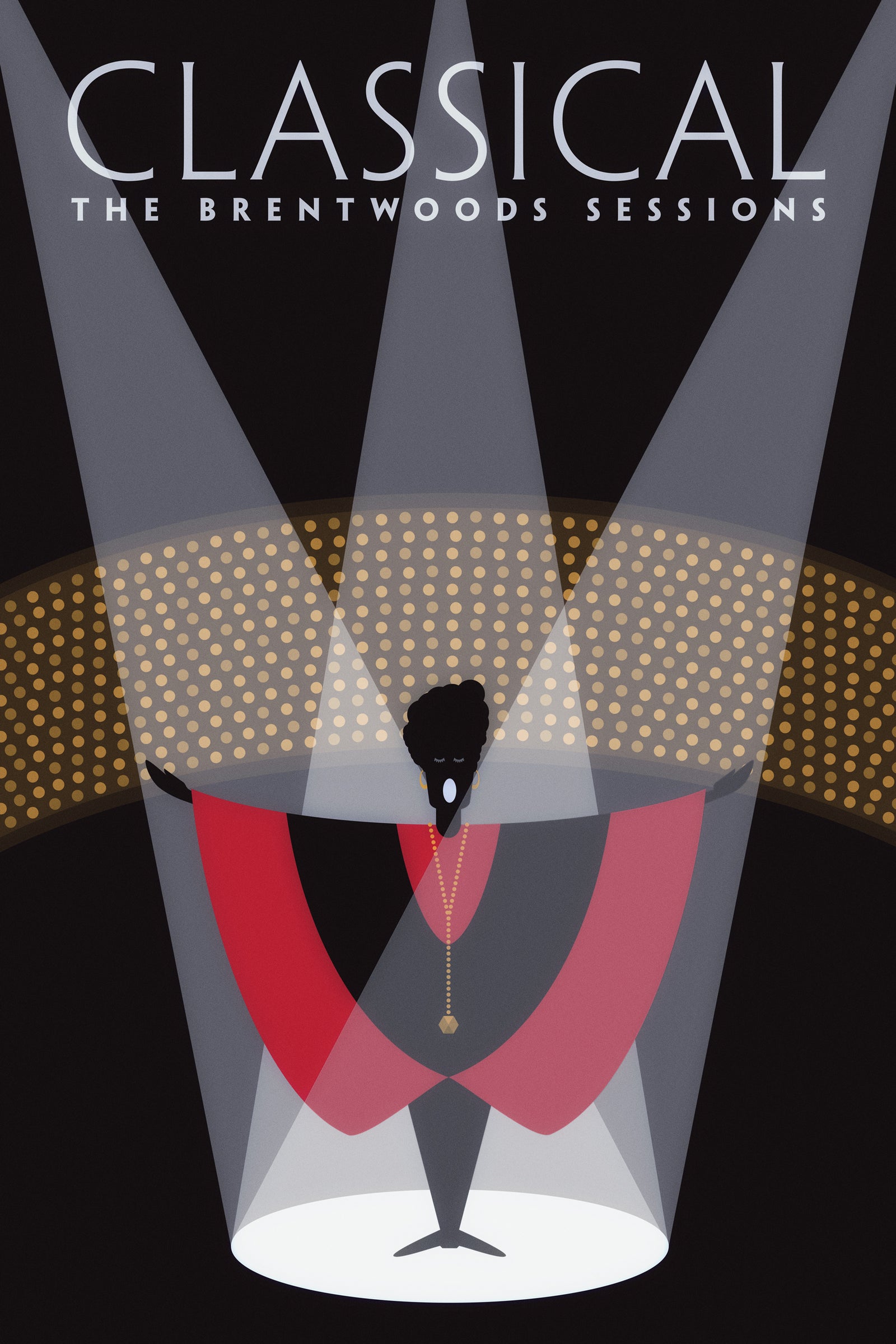 Black graphic art print of an opera diva singing with spotlights and crowd..