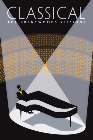 Black graphic art print poster of a concert pianist with spotlights.