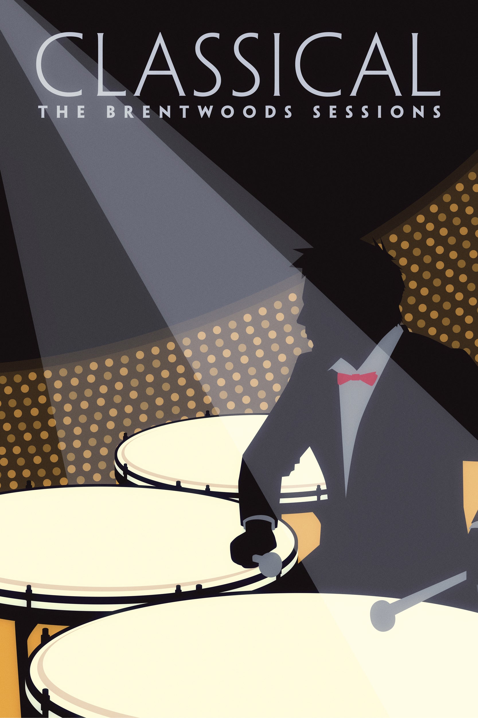 Black graphic art print poster of a male Timpani player with spotlights.