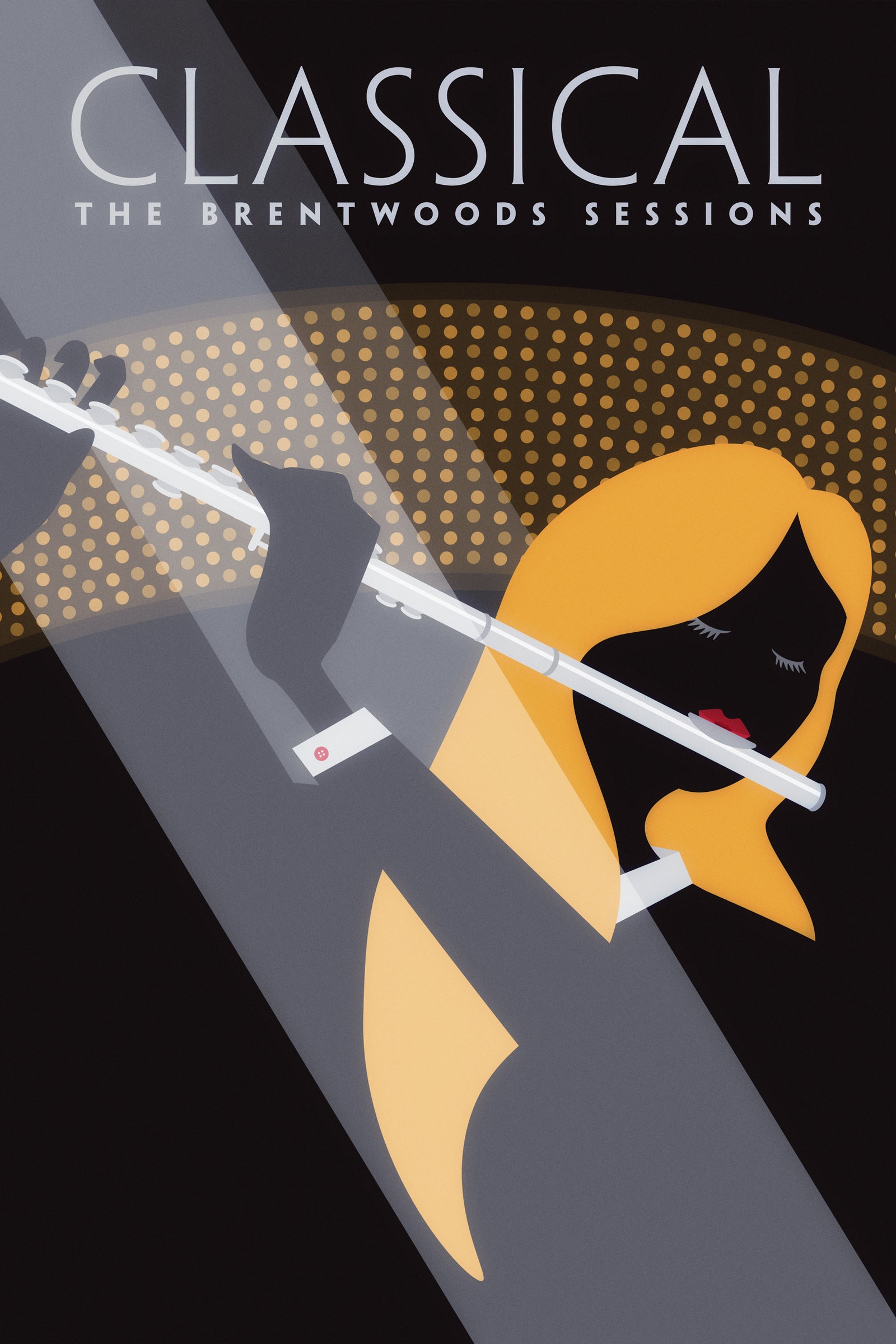 Black graphic art print of a flute player with spotlights.