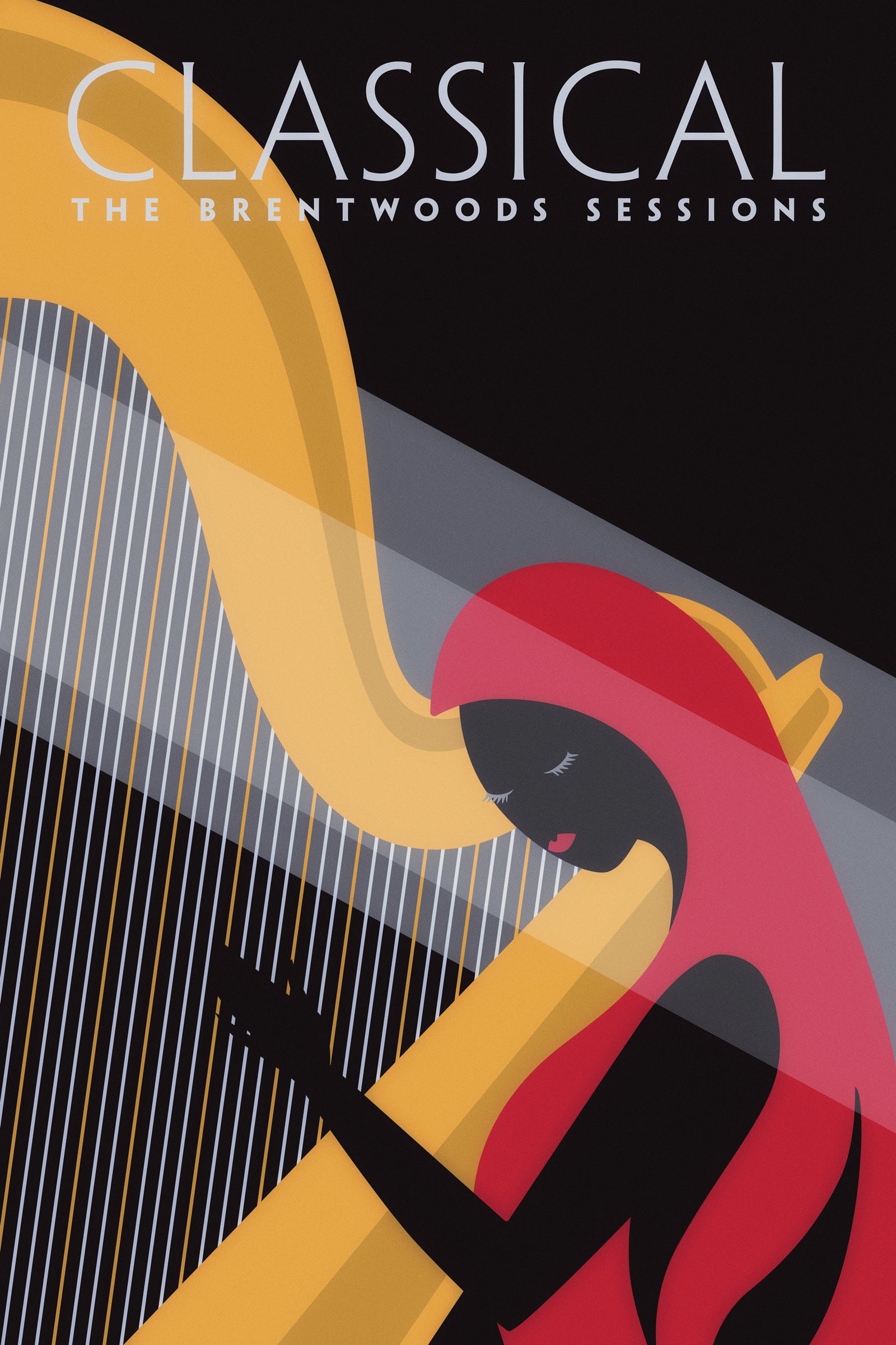 Black graphic art print poster of a red headed harpist with spotlights.