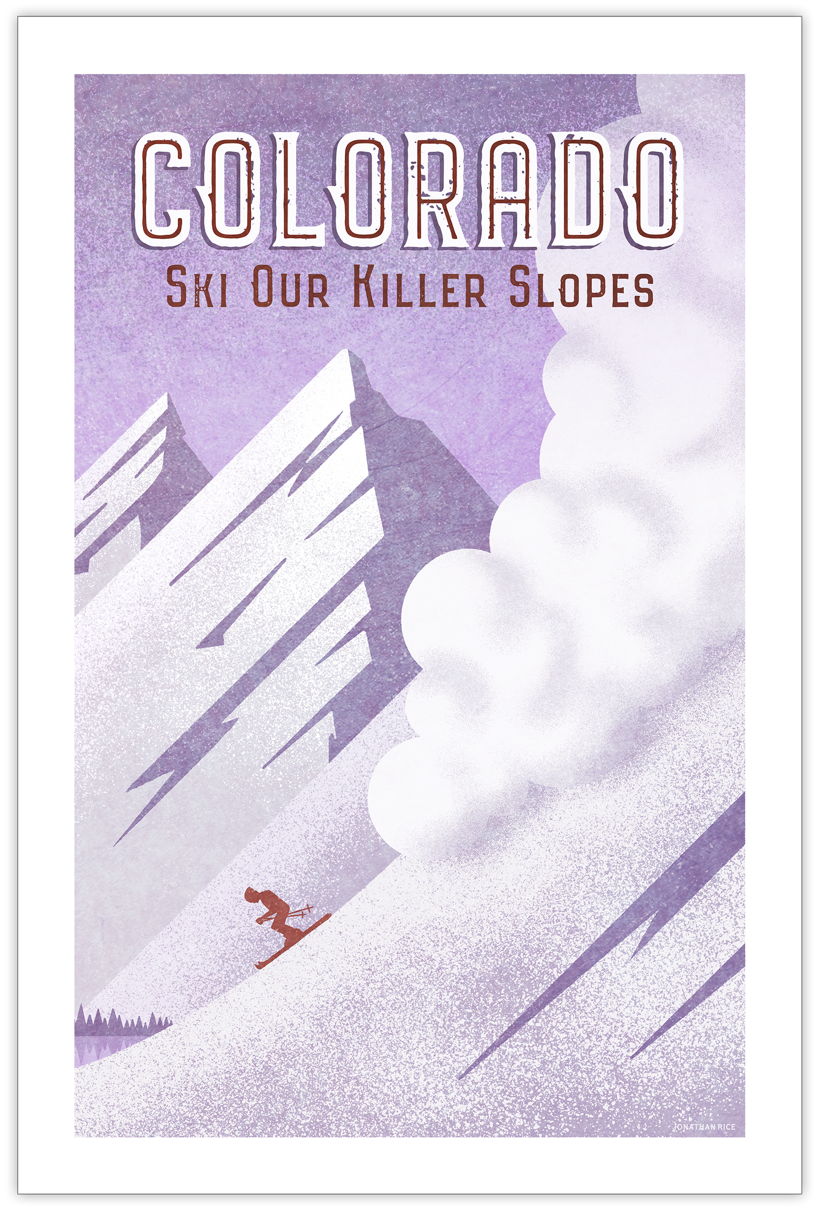 Humorous Colorado travel poster with skier being chased down a mountain by an avalanche.