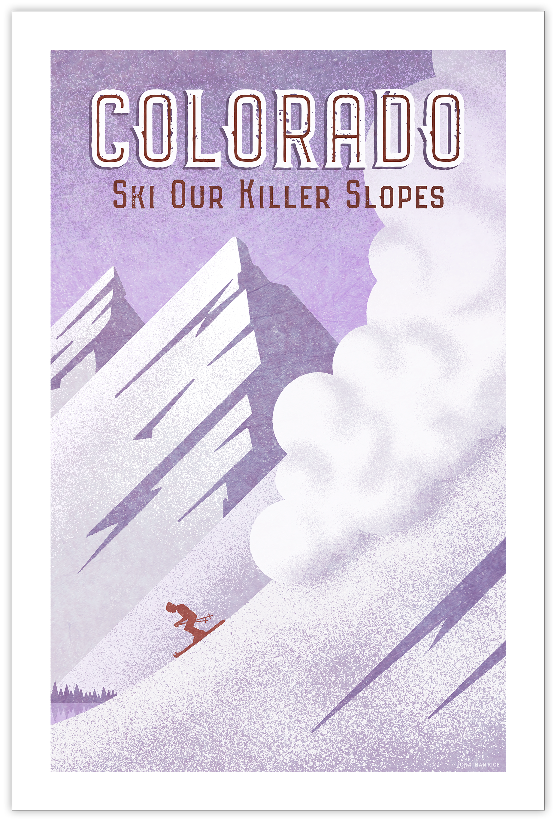 Humorous Colorado travel poster with skier being chased down a mountain by an avalanche.