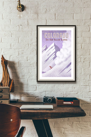 Humorous Colorado travel poster with skier being chased down a mountain by an avalanche.