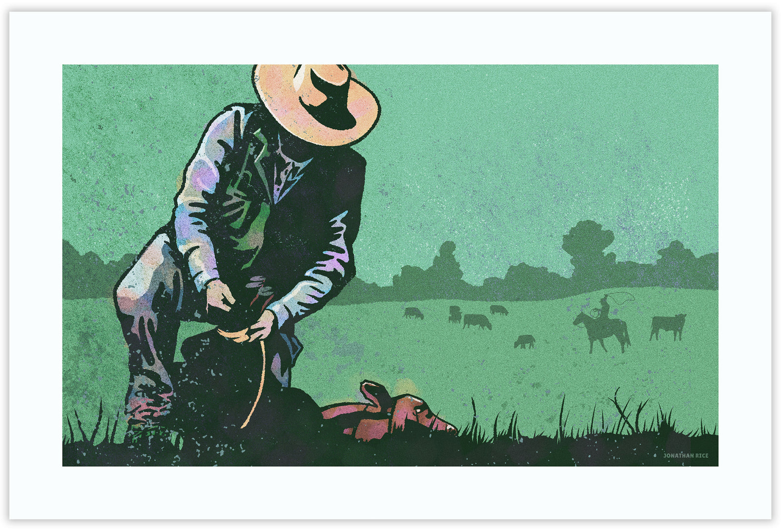 Modern style giclée art print of a cowboy roping a calf. It is brightly colored, yet has gritty texture overall. There are cows and another roper in the background.