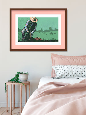 Modern style giclée art print of a cowboy roping a calf. It is brightly colored, yet has gritty texture overall. There are cows and another roper in the background.