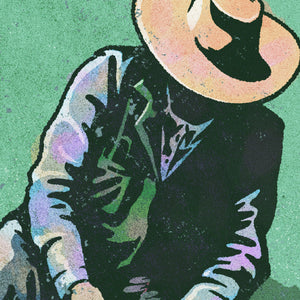 Detail of Modern style giclée art print of a cowboy roping a calf. It is brightly colored, yet has gritty texture overall. There are cows and another roper in the background.