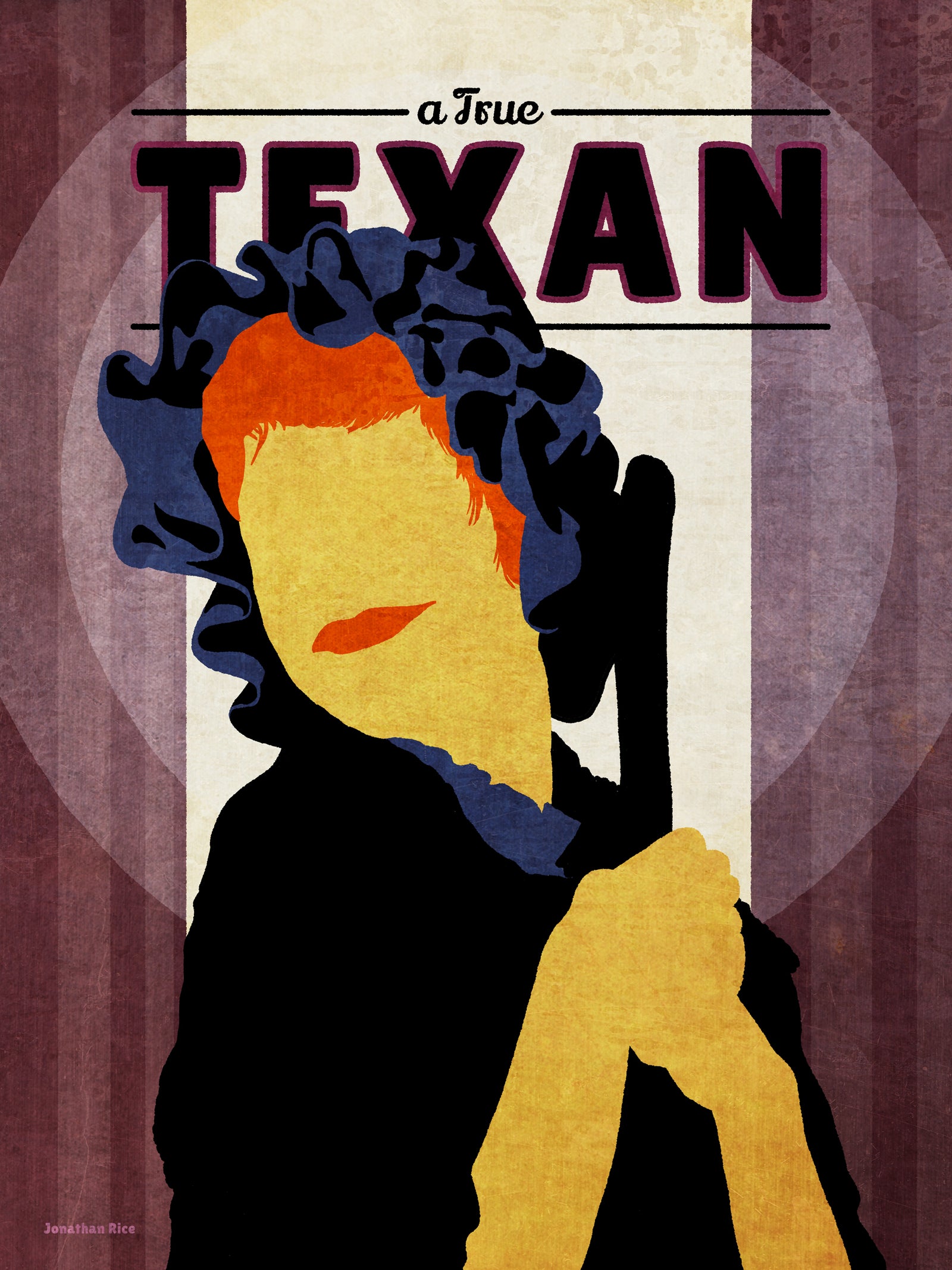 Giclee art print silhouette of Famous Texan Carol Burnett as the Charwoman character, with spot light and curtains in background.