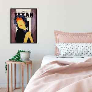 Giclee art print silhouette of Famous Texan Carol Burnett as the Charwoman character, with spot light and curtains in background.