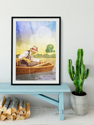 Retro style giclée art print of a man wearing a hat fishing in a row boat with a trotline.