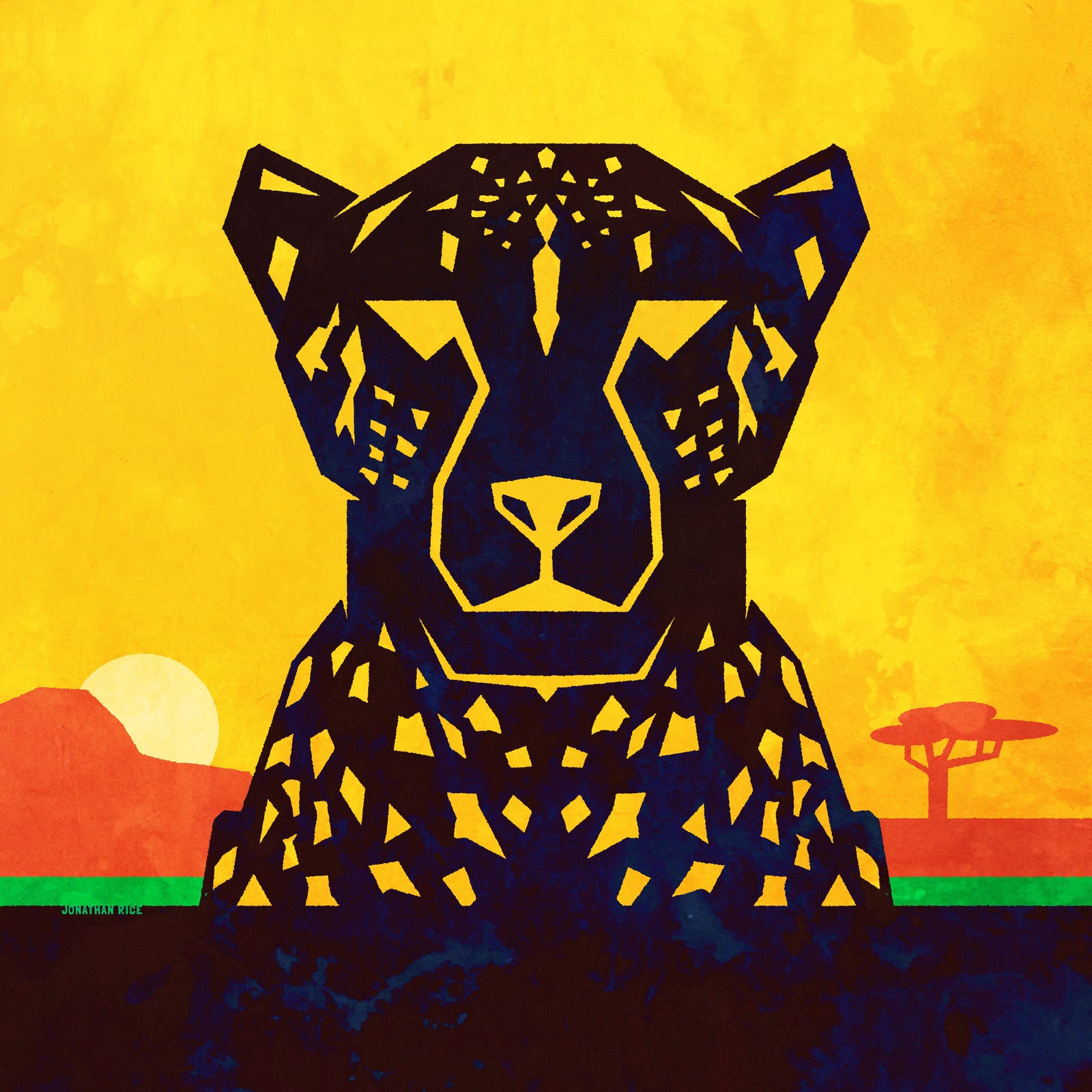 Beautiful primitive art print of an African Cheetah on the savannah created in a mid-century modern style with bold gold, red, green and black colors.