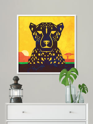 Beautiful primitive art print of an African Cheetah on the savannah created in a mid-century modern style with bold gold, red, green and black colors.