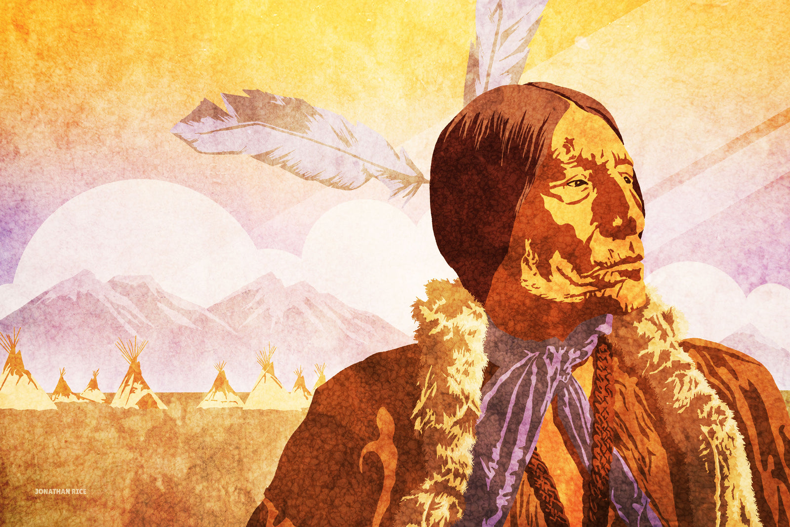 Retro Style Giclée art print of Native American Chief Wolf Robe of the Cheyenne with teepees and mountains in background.