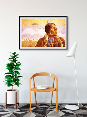 Retro Style Giclée art print of Native American Chief Wolf Robe of the Cheyenne with teepees and mountains in background.