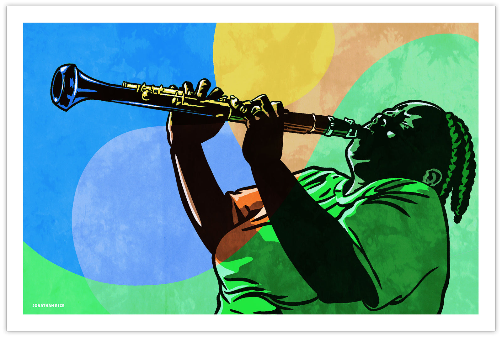 An upbeat and colorful print of New Orleans Jazz Clarinetist Doreen Kethchens. Bold graphic lines and bright colorful shapes create an energetic portrait of the black musician. 