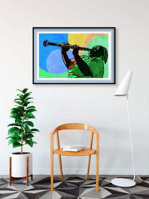 An upbeat and colorful print of New Orleans Jazz Clarinetist Doreen Kethchens. Bold graphic lines and bright colorful shapes create an energetic portrait of the black musician. 