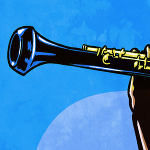 Detail of An upbeat and colorful print of New Orleans Jazz Clarinetist Doreen Kethchens. Bold graphic lines and bright colorful shapes create an energetic portrait of the black musician. 