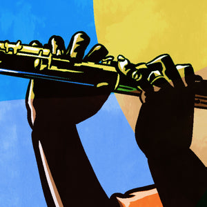 Detail of An upbeat and colorful print of New Orleans Jazz Clarinetist Doreen Kethchens. Bold graphic lines and bright colorful shapes create an energetic portrait of the black musician. 
