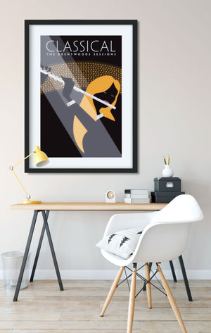 Black graphic art print of a flute player with spotlights.