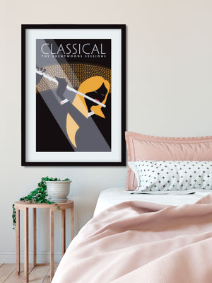 Black graphic art print of a flute player with spotlights.
