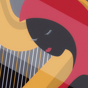 Black graphic art print poster of a red headed harpist with spotlights.