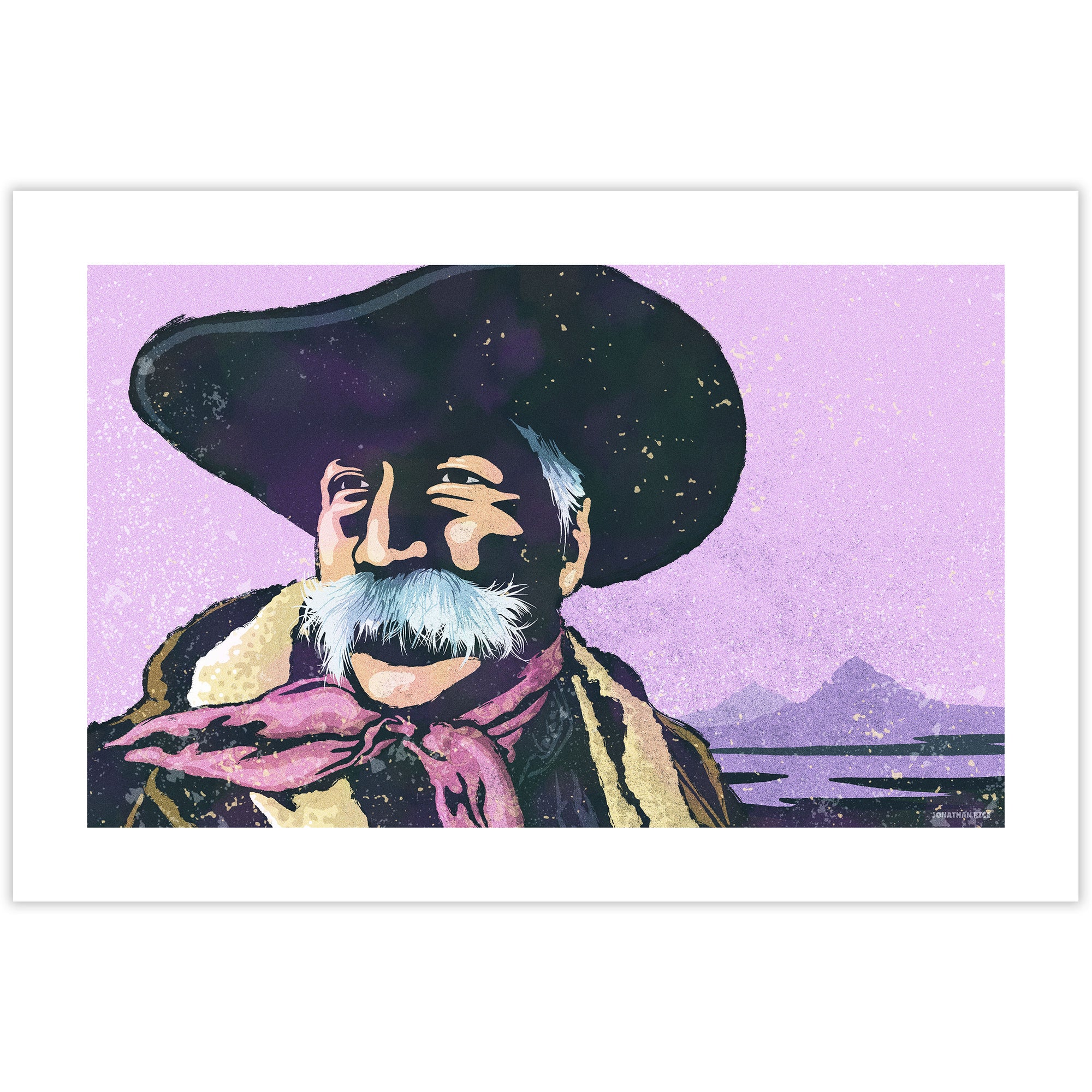 Modern style giclée art print of a cowboy on a cold winter’s day. It is brightly colored, yet has gritty texture overall. There are mountains in the background.