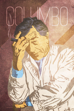 Art print of American TV detective Lt. Columbo with dramatic lighting and his signature cigar..